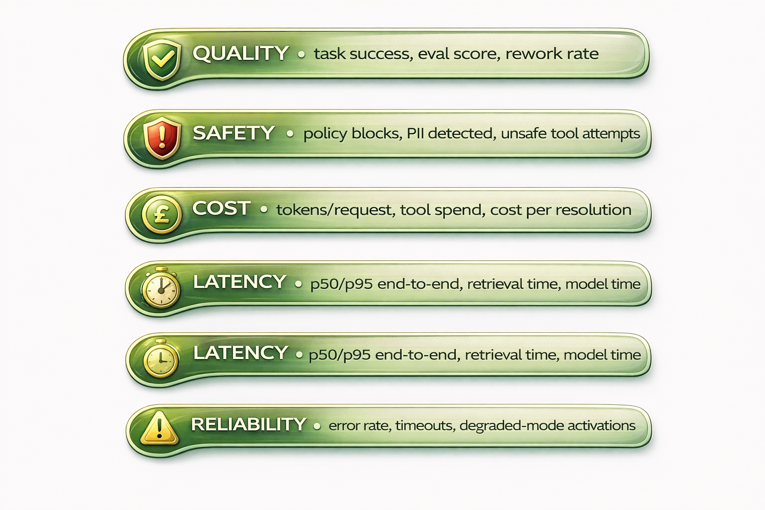 Metrics taxonomy for quality, safety, cost, latency, and reliability